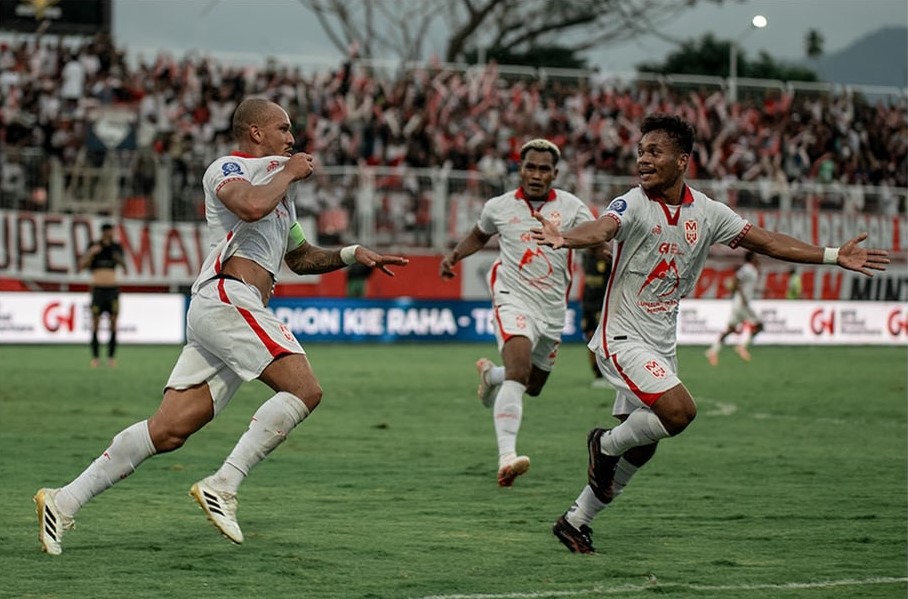 Selebrasi Gustavo Franca usai menentukan kemenangan Malut United ( Dok : Malut United)