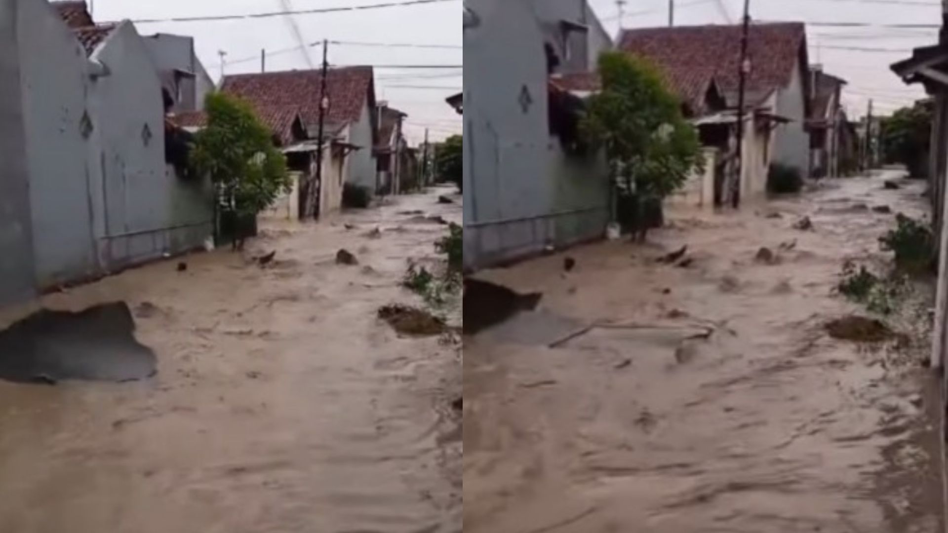 Screenshot video viral aspal mengelupas saat banjir di Cirebon